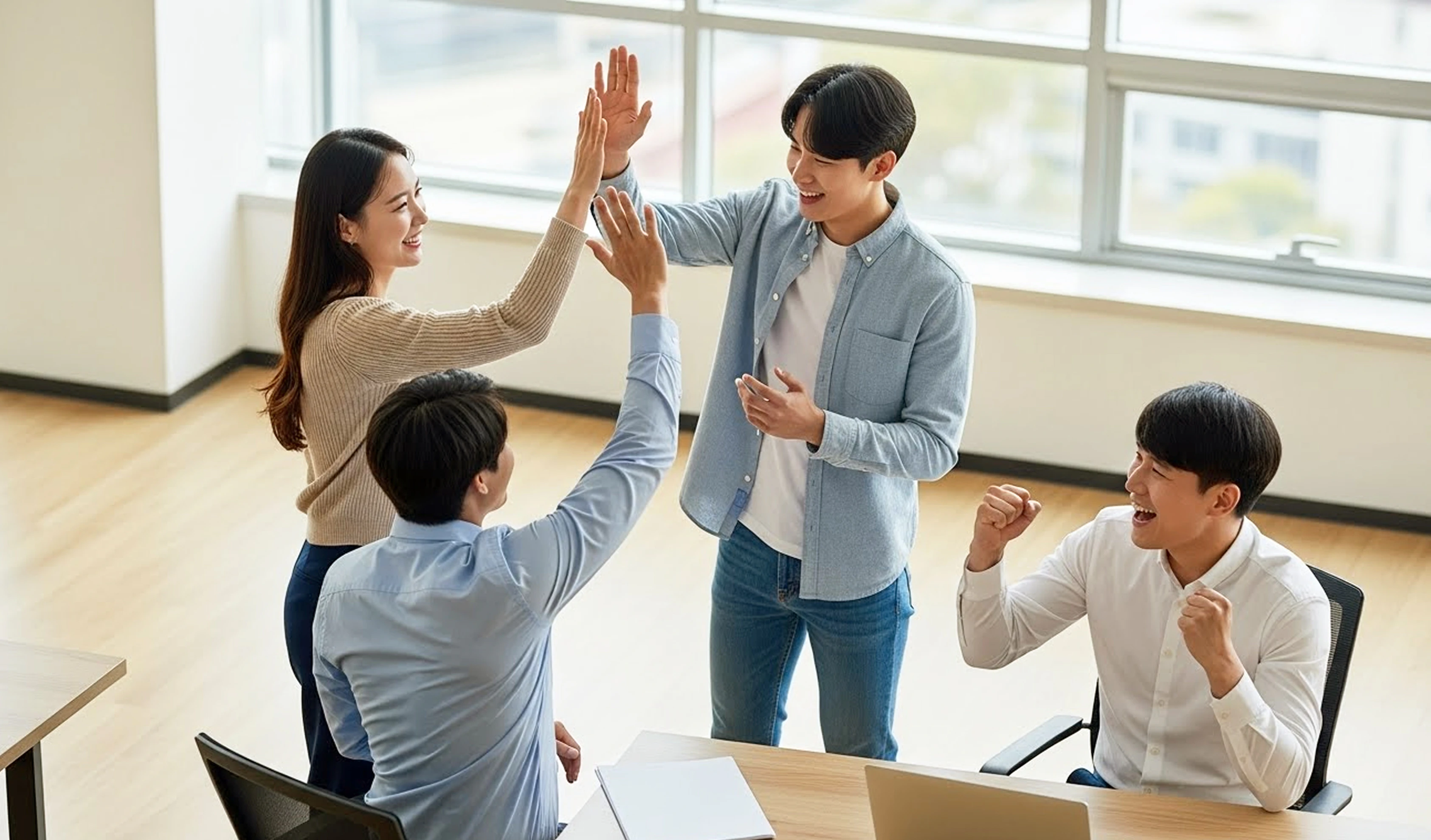 환호하고 있는 사람들